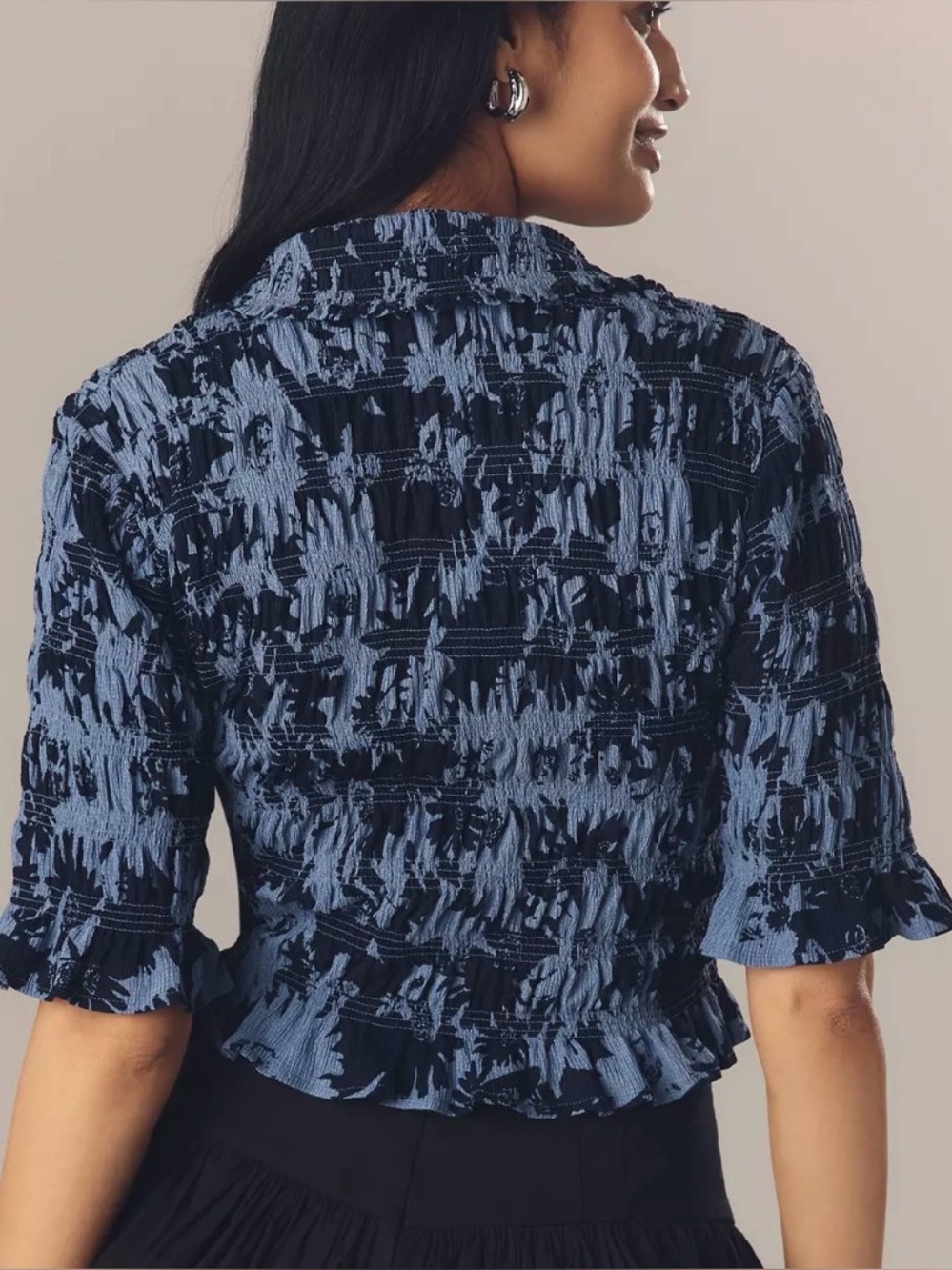 Anthropologie Maeve Smocked Ruffle Button-Front Top Blue Abstract Print  Size M - Picture 14 of 14